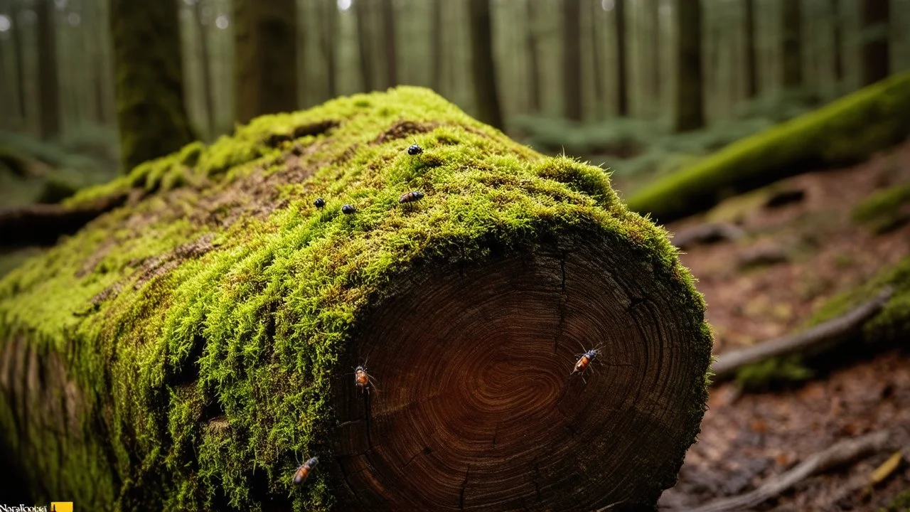 Detailed closeup of a moss covered log in a forest, realistic texture and lighting, with small insects crawling on it, captured by nature photographer Ansel Adams, trending on National Geographic.