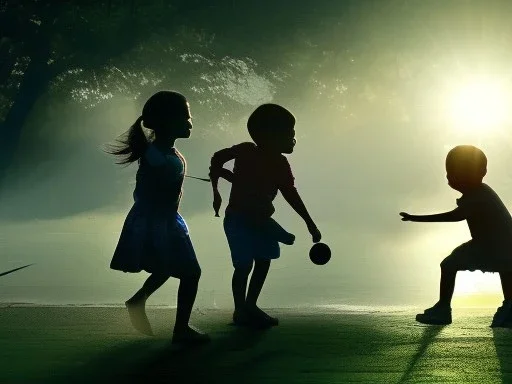 children playing on the Indian street capture them against the sun and make an art silhouette, details, sharp, 8k