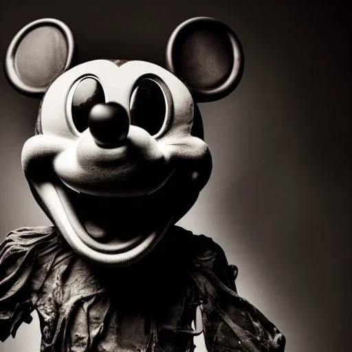 Rotting corpse zombie who is mickey mouse smiling, evil, arms forward like a mummy, fangs, sharp focus