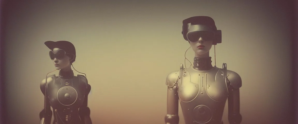 steampunk, vintage analog polaroid of a woman robot, female body, fog, lomography, heavy film grain, night, color bleed, depth of field, bokeh, retro