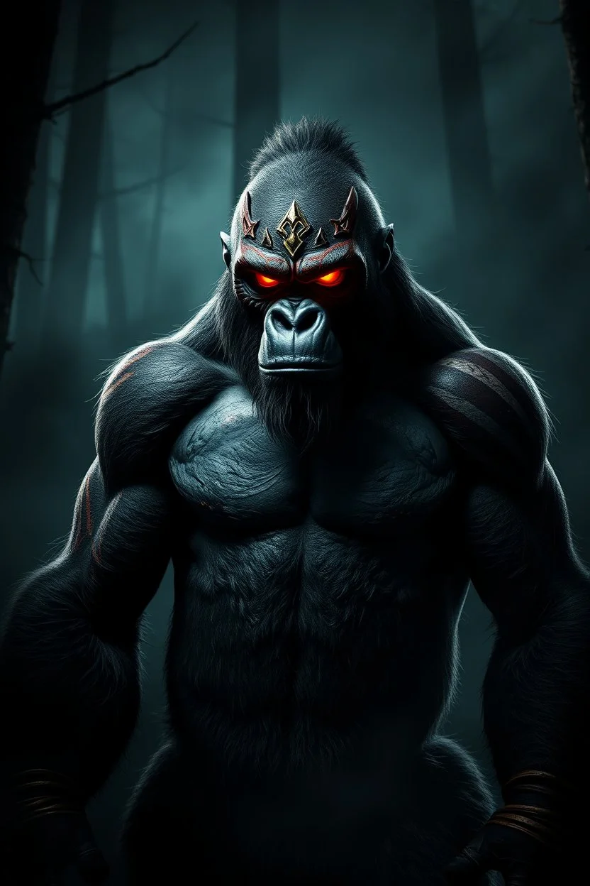 A gorilla with glowing red eyes, muscular build, adorned with tribal war paint resembling Kratos from God of War, standing in a dark, misty forest with dramatic lighting and deep shadows, cinematic style, ultra-detailed fur texture, intense expression, epic fantasy atmosphere