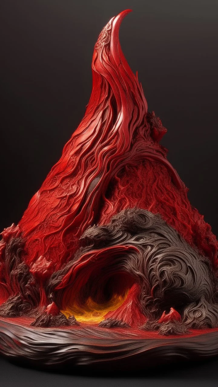 A dark red pyroclastic volcano with swirling fire designed in Maori sculptures painted by Qiu Ying