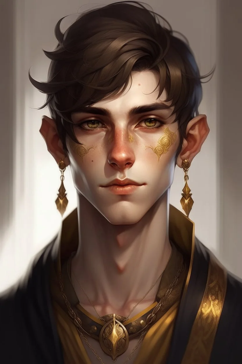 a wealthy half-elf young man with pointy ears and gold sclera eyes with no pupils, wears lots of jewelry