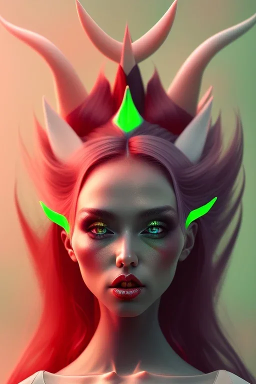 isometric clean art of super cute demon Succubus girl with red hair and green eyes with black horns, soft lighting, soft pastel gradients, high definition, 3d icon clay render, blender 3d