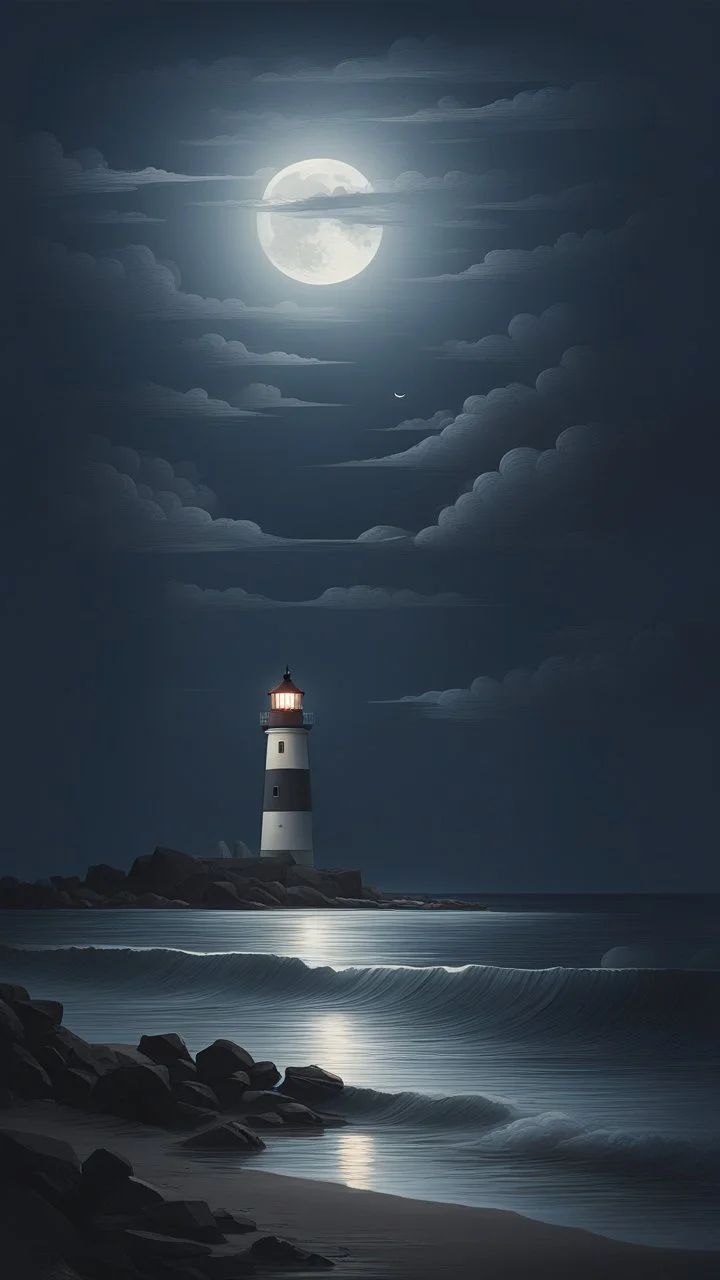 Moonlight on the shore with a lighthouse