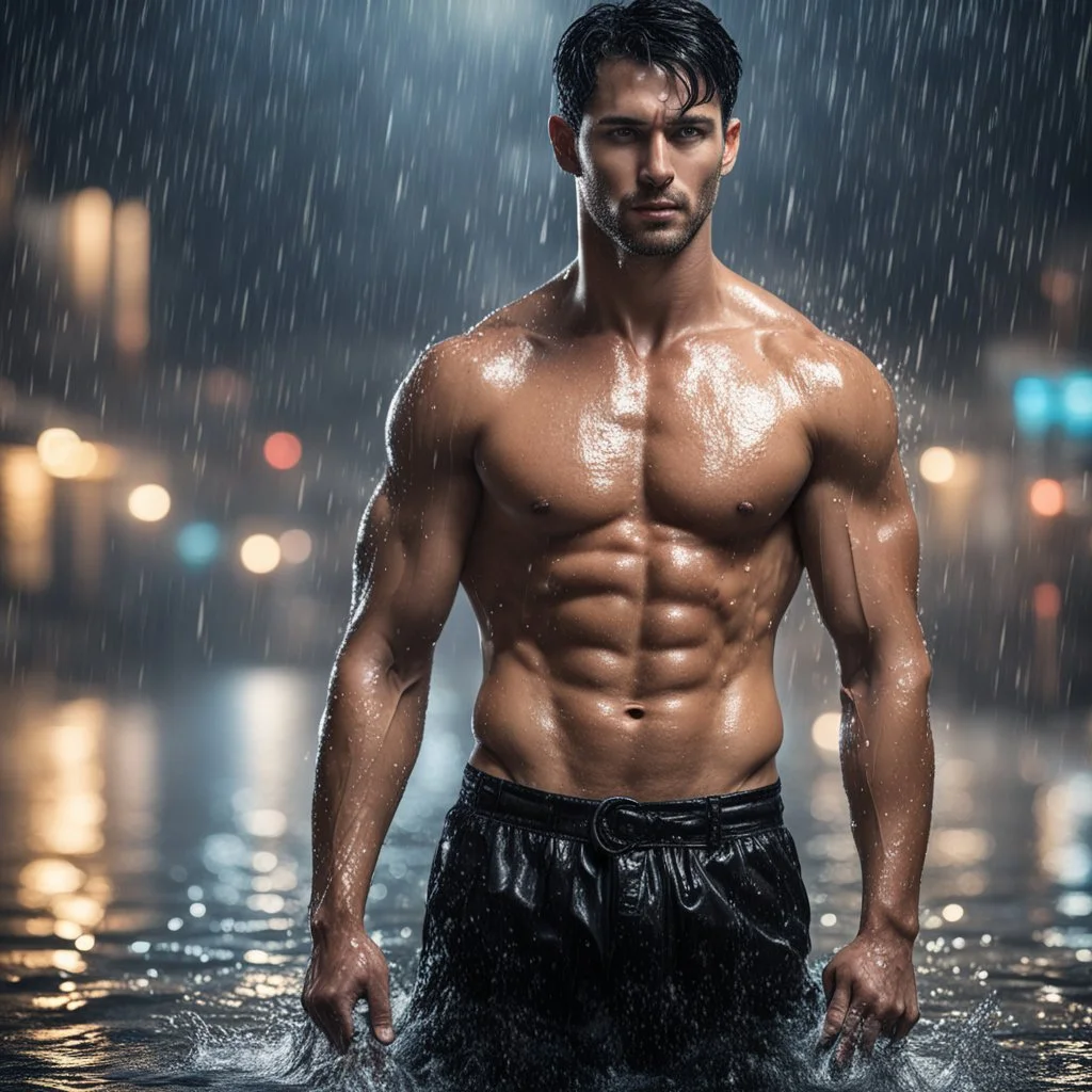 Hyper realistic Extremely Handsome shirtless with short black hair muscular man wearing black shirt getting wet in a rainy night