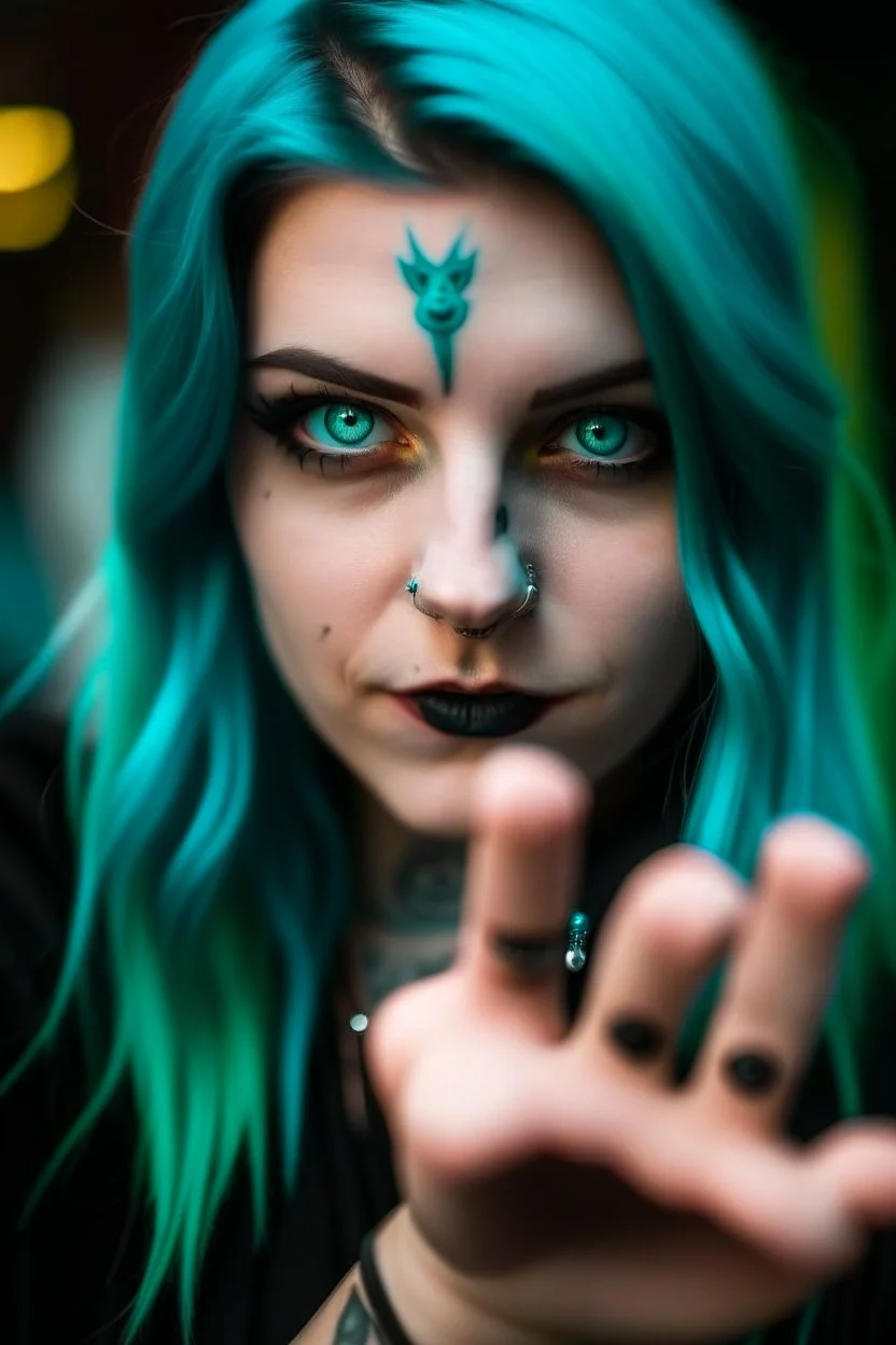 a vampire with turquoise eyes shows her middle finger