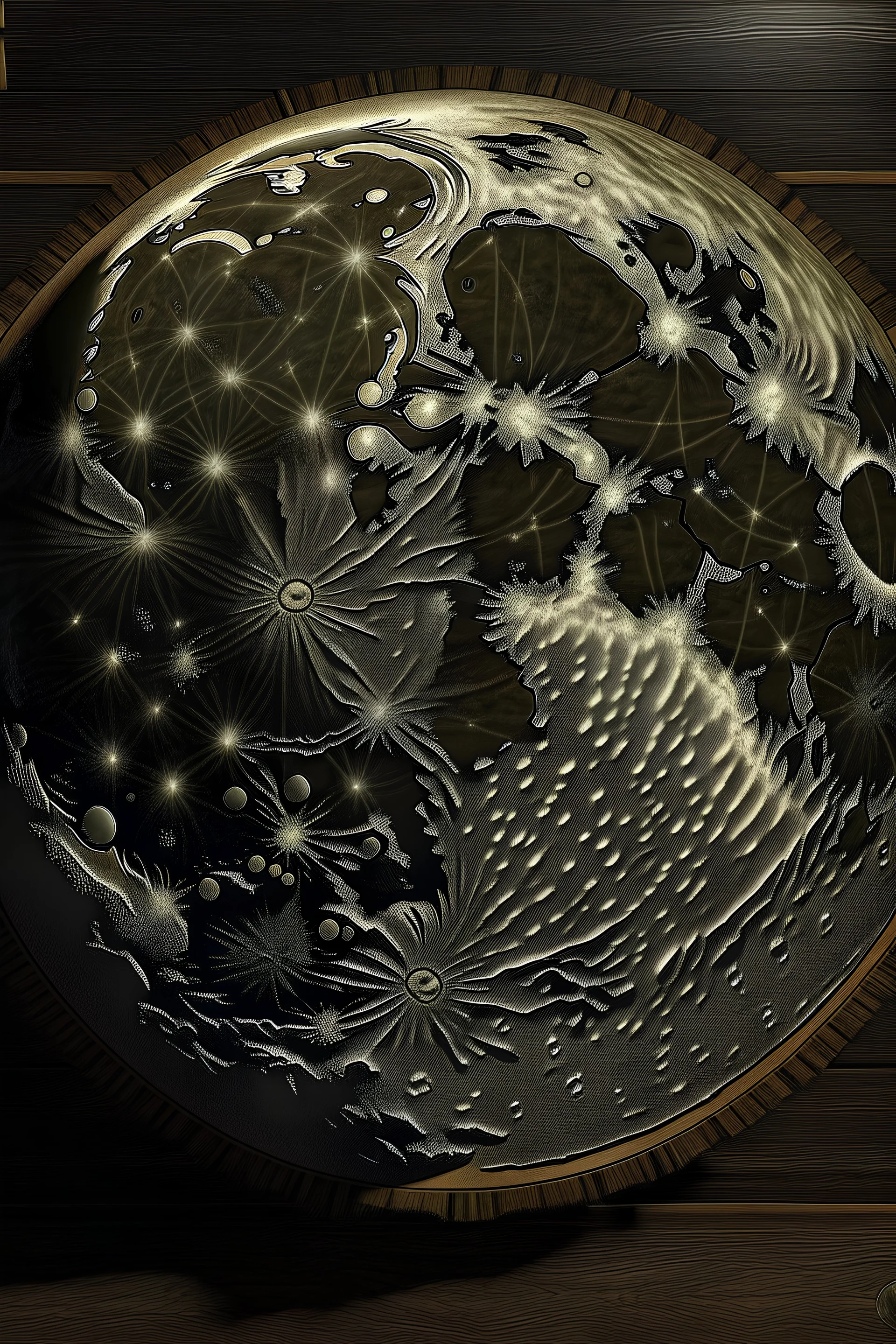 create a realistic photo of the moon map, made out of wood, blender render 3d style, octane render