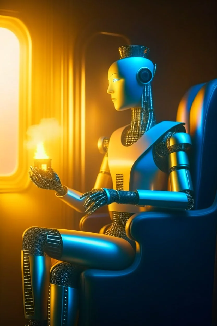 portrait of futuristic spiritual robot holding lotsa phones chatbot smoking a sigar on a throne in a fast bullet train , smoke, 4k, downlight, soft light, depth of field, photorealism, trending on art station