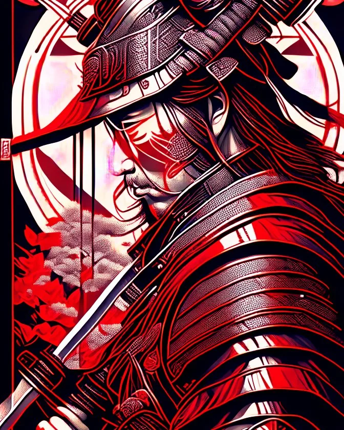 Samurai warrior centered | symmetrical | key visual | intricate | highly detailed | iconic | precise lineart | vibrant | comprehensive cinematic | alphonse mucha style illustration | very high resolution | sharp focus | poster | no watermarks red and silver color full body