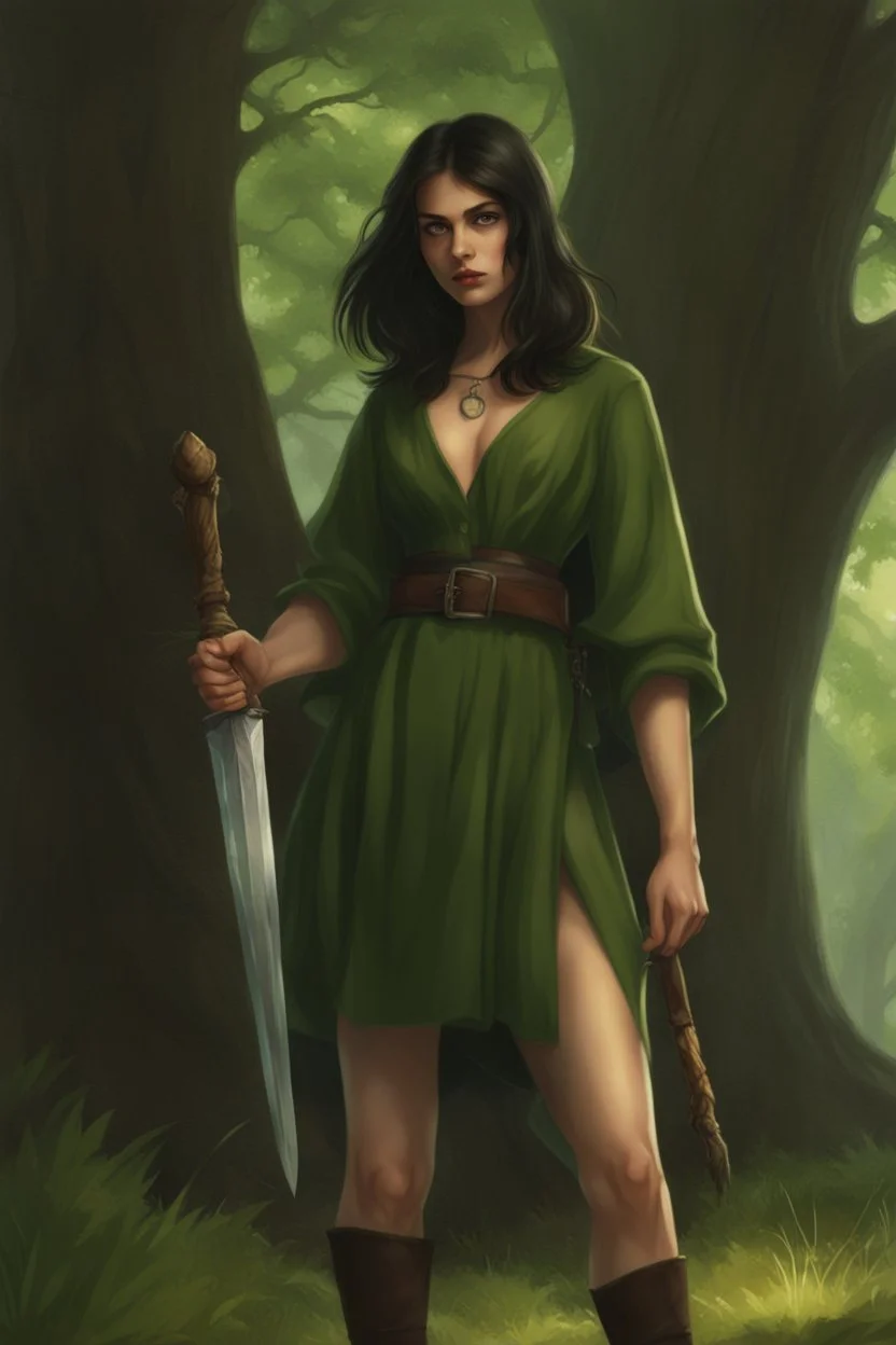 A young dark-haired witch in a green low-cut short skirt, standing under a tree, with a sword in one hand, photorealistic, delicate detail.