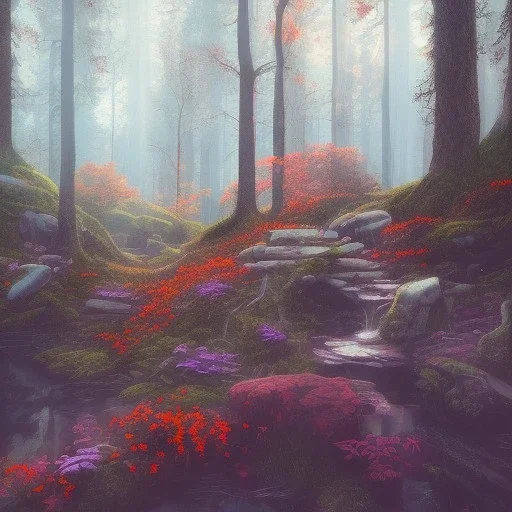  pastel colors, future art , red, orange, white,brown,son, earth, wod, trees, flowers, forest