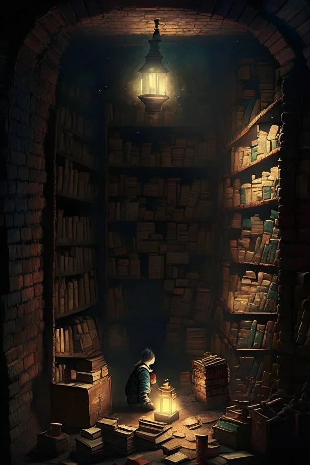 A dark, dingy brick dungeon, with a small shelf hanging on the back wall, containing only nine vintage bottles of various sizes, and a lantern sitting on the floor, casting light on a pile of books with a young child studying