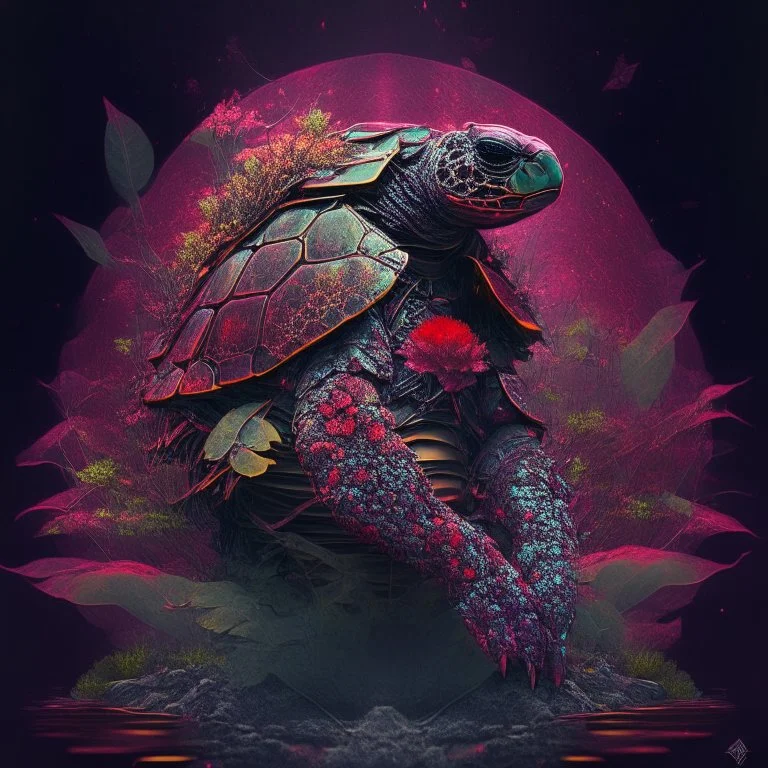 spatial turtle samurai iridescent, blood, futuristic, guts, wildflower, cosmic, intricate, darkred tones,sidhe, ominous, nature, plants,