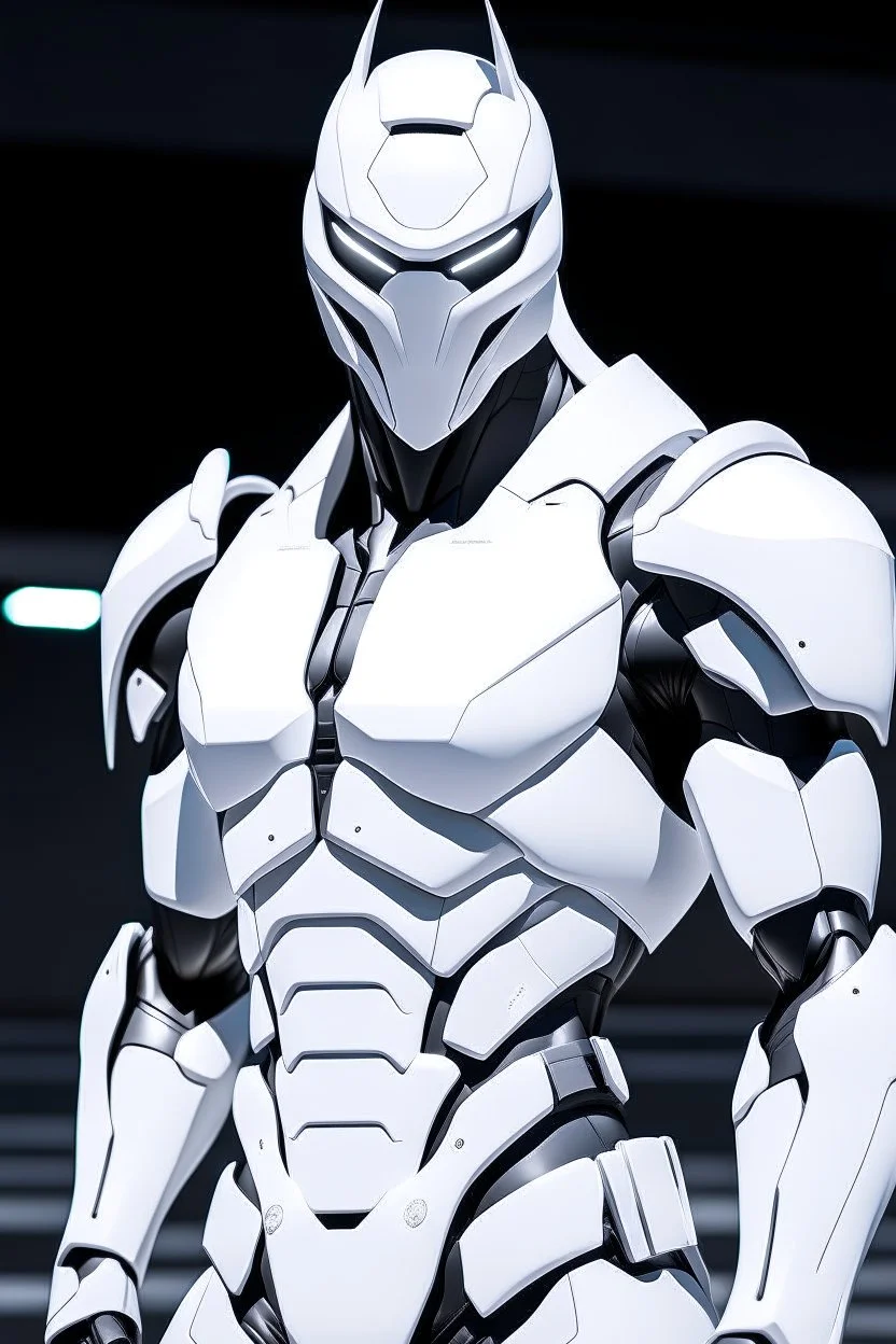 Anime the same photo but wearing a white superhero suit with a lite modern armour
