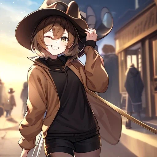 Clear focus, High resolution, short brown spiky hair, hair between eyes, eyes closed, wearing a brown detective hat, wearing a brown jacket and a black shirt, wearing black shorts, 1girl, pulling hat down, smiling, wearing a oversized hoodie