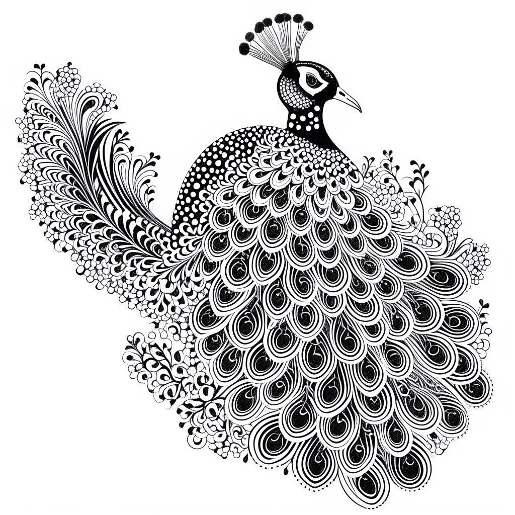 white, A peacock full decoration, line art, white background, outline, with images neatly contained within the background, just black and white color, full body, no color. Different view