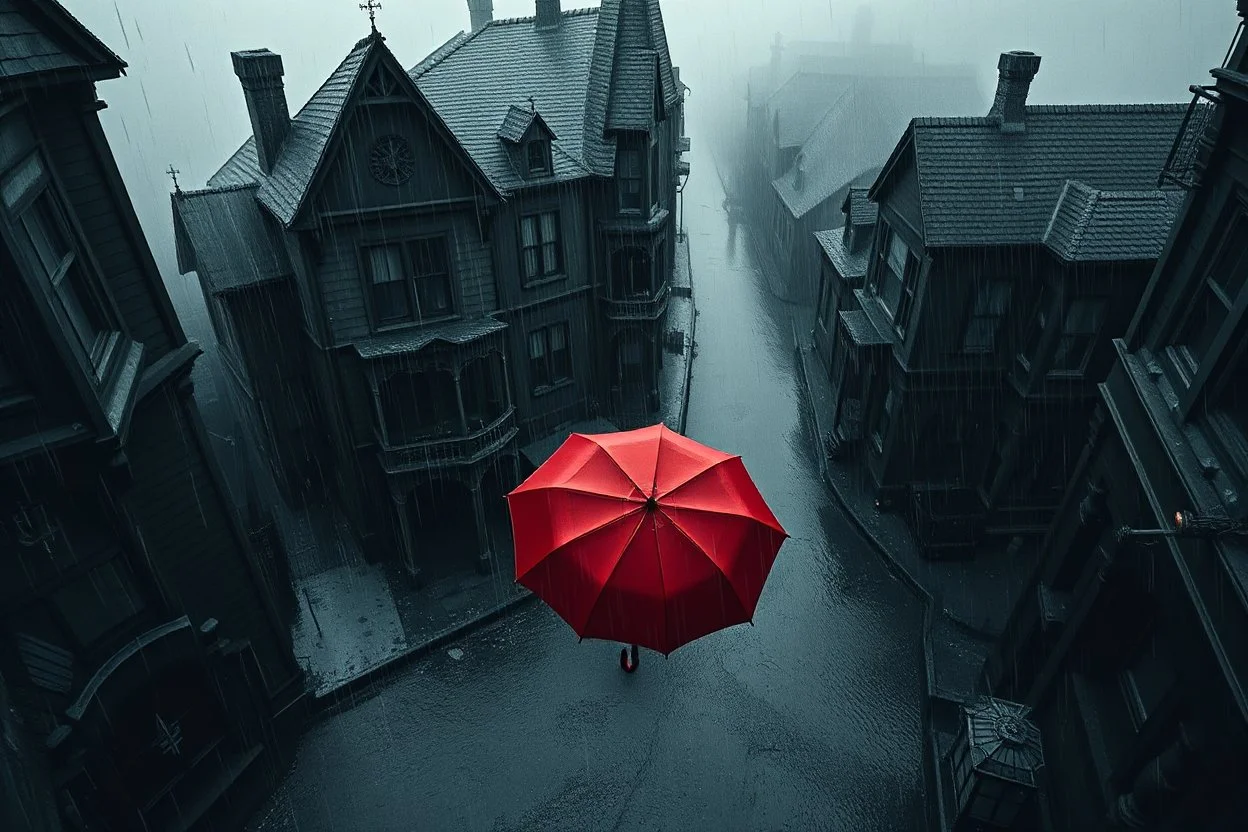 top-down view of a grayscale wet city street with old tall haunted houses, rain, one red umbrella lies down on the street, surreal style, dark mood