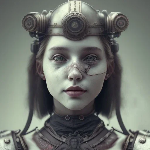 a cute smiling girl in medieval armor with a tattoo in her face, michelangelo style, steam punk, scary, horror, realistic, made in octane, cinematic, ultra-realistic, extremely detailed octane rendering, 8K, VRAY Super Real ar 2:3, dof photorealistic futuristic 50mm lens hard lighting dark gray tintype photograph, realistic lighting, sephia colors