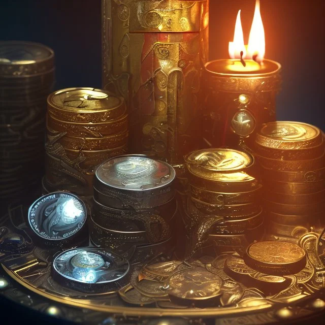 dynamic lighting, Intricately detailed, Splash screen art, deep color, Unreal Engine, volumetric lighting, silver coins, gold coins, silver treasure, stacked coins, indoors, study room, candle, altar, black table, sigil, shiny,