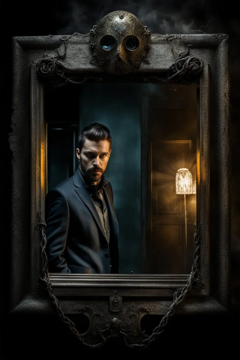 the camera see a man and mirror, the man see yourself or others in mirror, surreal mood, cracked glass, metal, cold and dark colors, nightmare, gateway into other side, monster, shadows, sinister, dark dream, high detailed, sharp focus, masterpiece