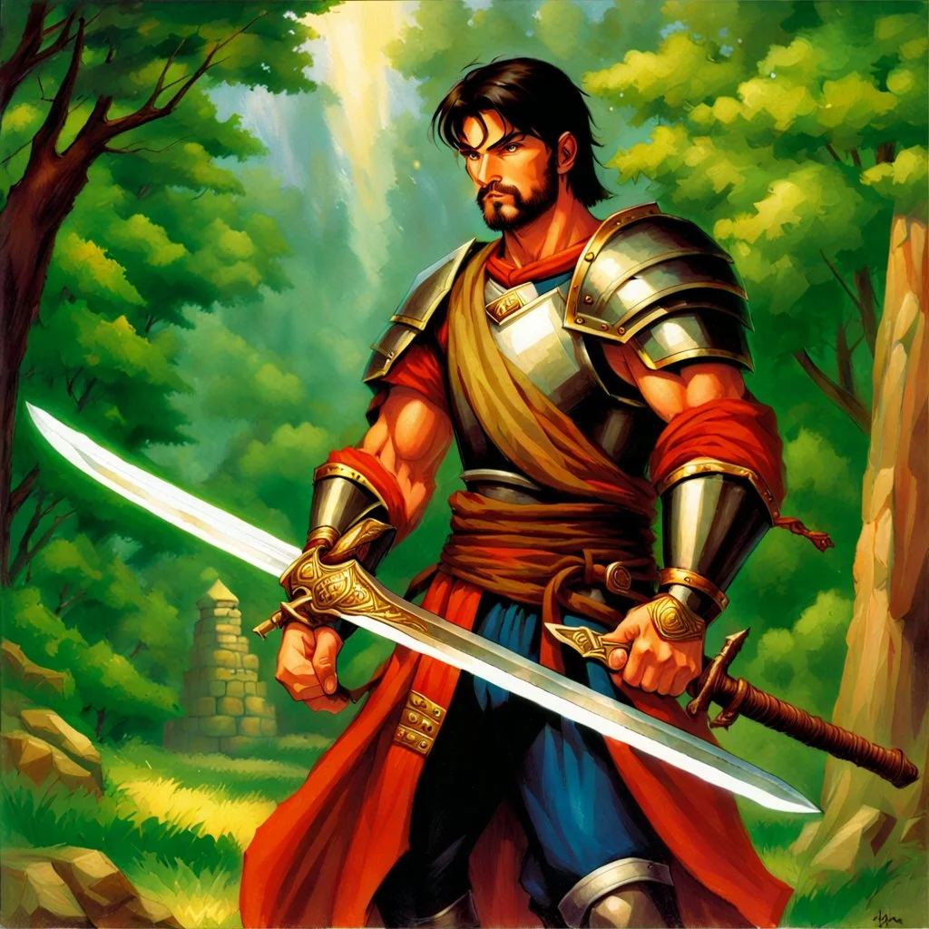 fantasy 90's tcg art of a heroic swordsman