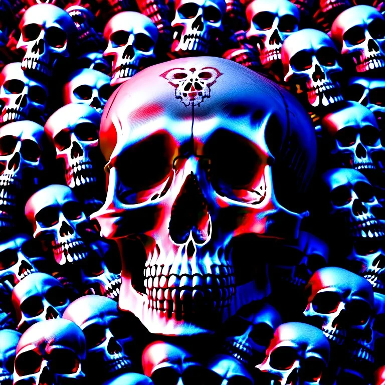 a picture of a dark, comedic, anatomically correct wall of red white and blue tightly packed stacked cyborg skulls of varying sizes and expressions, photo realistic, insanely meticulous, highly detailed, part of a collection of bones on display, 64k, dystopian, vray