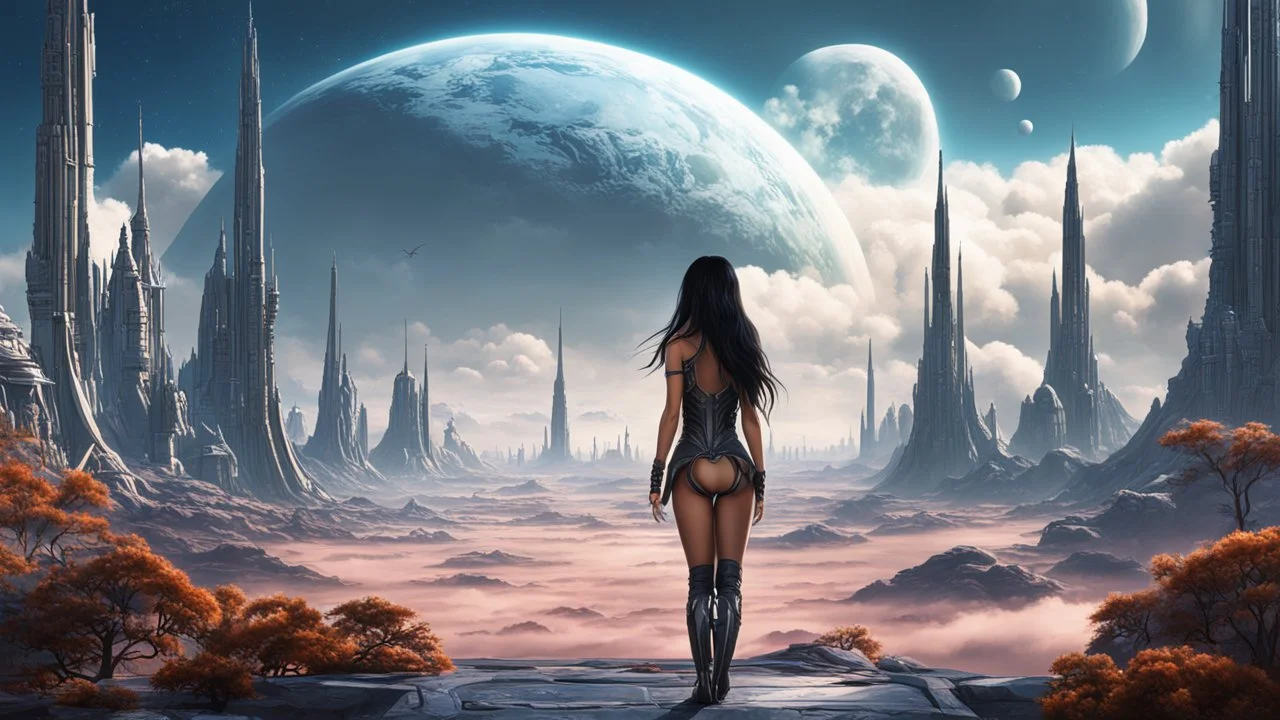 exotic slim sci-fi girl, with long dark hair with bangs, on an alien planet with cloud trees, tall spires, buildings, bridges, arches, photorealistic