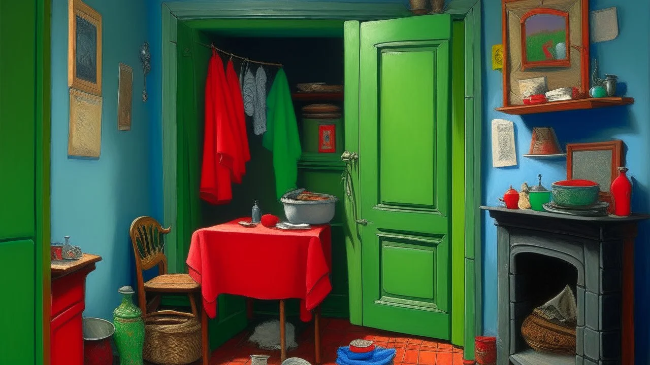 The image is a painting of a small room with a fireplace. The room has a green wall with a red door and a window on the left side. On the right side of the room, there is a small table with a blue tablecloth and various objects on it. Above the table, there are colorful clothes hanging on a clothesline. The fireplace is made of stone and has a chimney on top. There is a window above the fireplace with a view of the outside. The floor is covered with a light-colored carpet. The overall style of t