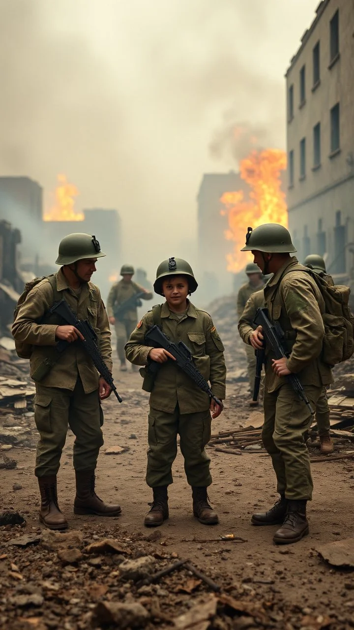 Army solders attesting young Childress in a smoke and fires war environment destroyed buildings in the background