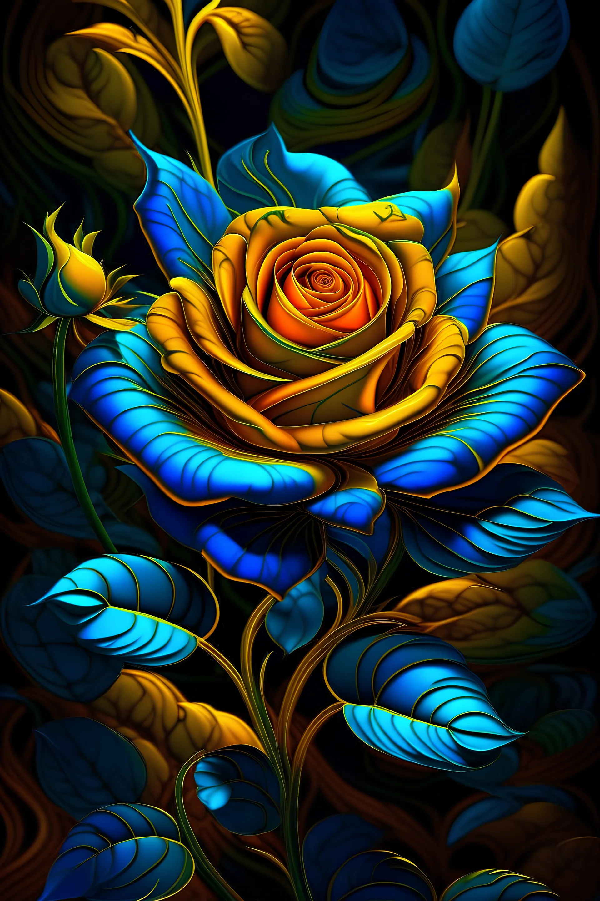 A neon blue and gold rose in the middle of a large wilderness in modern art style