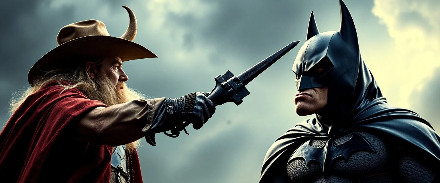Gandalf cowboy vs Batman as a cow, movie poster