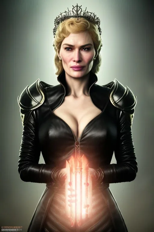 Cersei Lannister as evil queen in black leather coat, busty, cleavage, voluptuous, lena headay, angry, stern look. character design by cory loftis, fenghua zhong, ryohei hase, ismail inceoglu and ruan jia. unreal engine 5, artistic lighting, highly detailed, photorealistic, fantasy