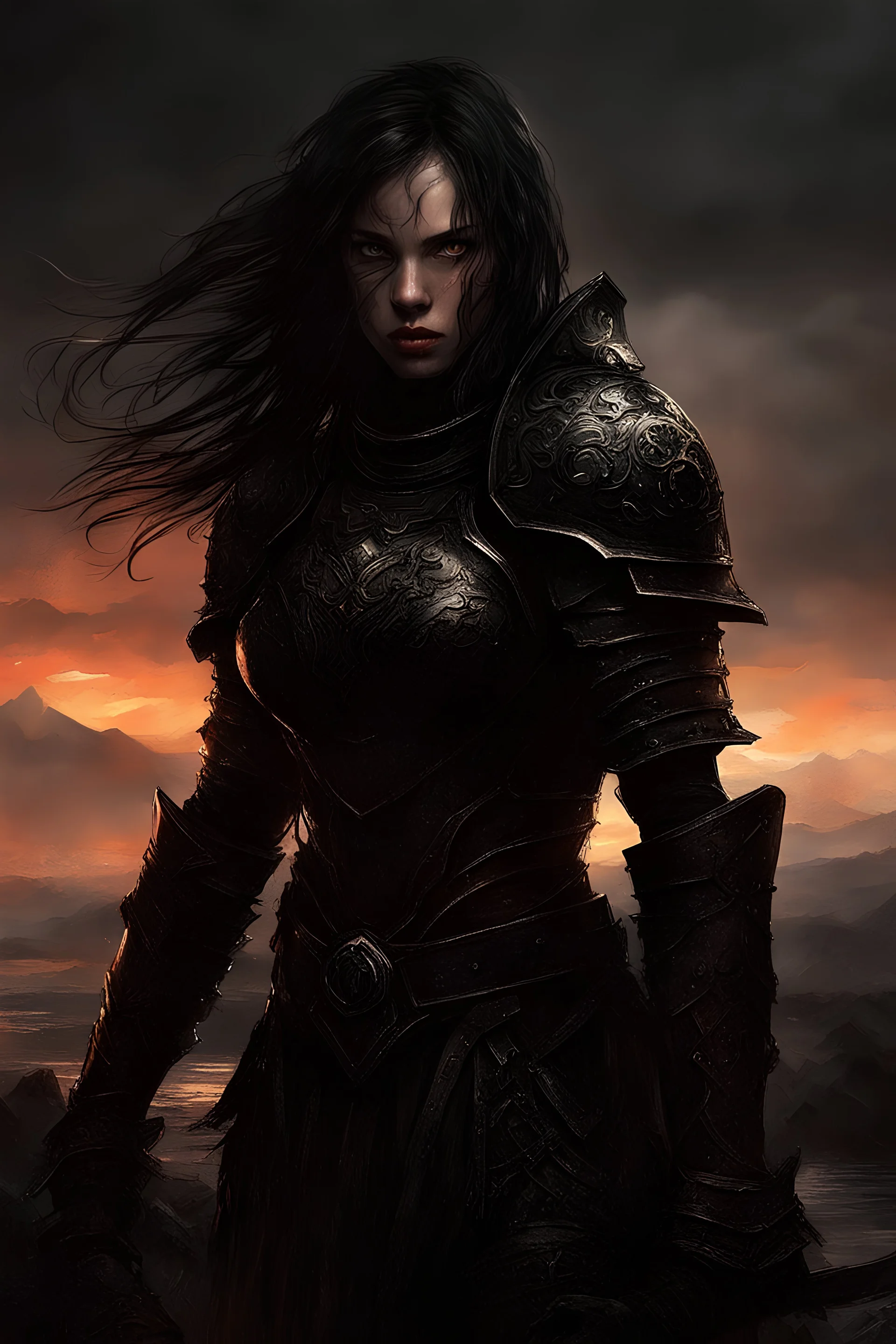 A formidable warrior girl in black armor, on the background Amazing gloomy landscape, flooded with sunset, mountains, trees, fabulous scary hero, , juicy emotions, painting, dark fantasy, bad weather, gloomy day, dark world, by James Paick