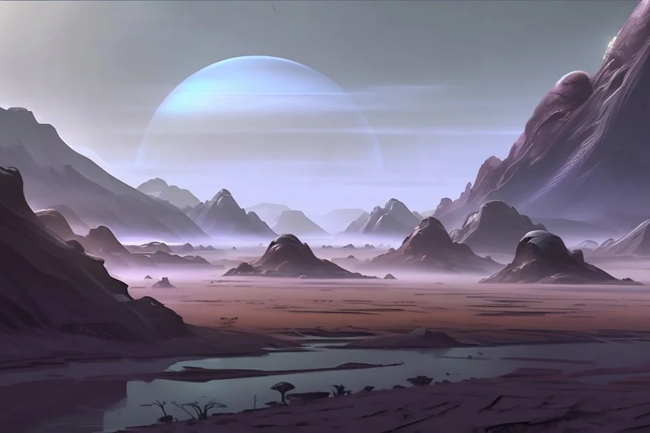 Alien landscape with grey exoplanet in the sky, over the valley. Lagoon, vegetation, sci-fi, concept art, cinematic, movie poster