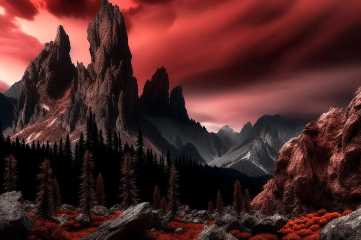 mountains, a gloomy rocky landscape, cypresses stretching up in the foreground, rocks and a bloody sky in the background