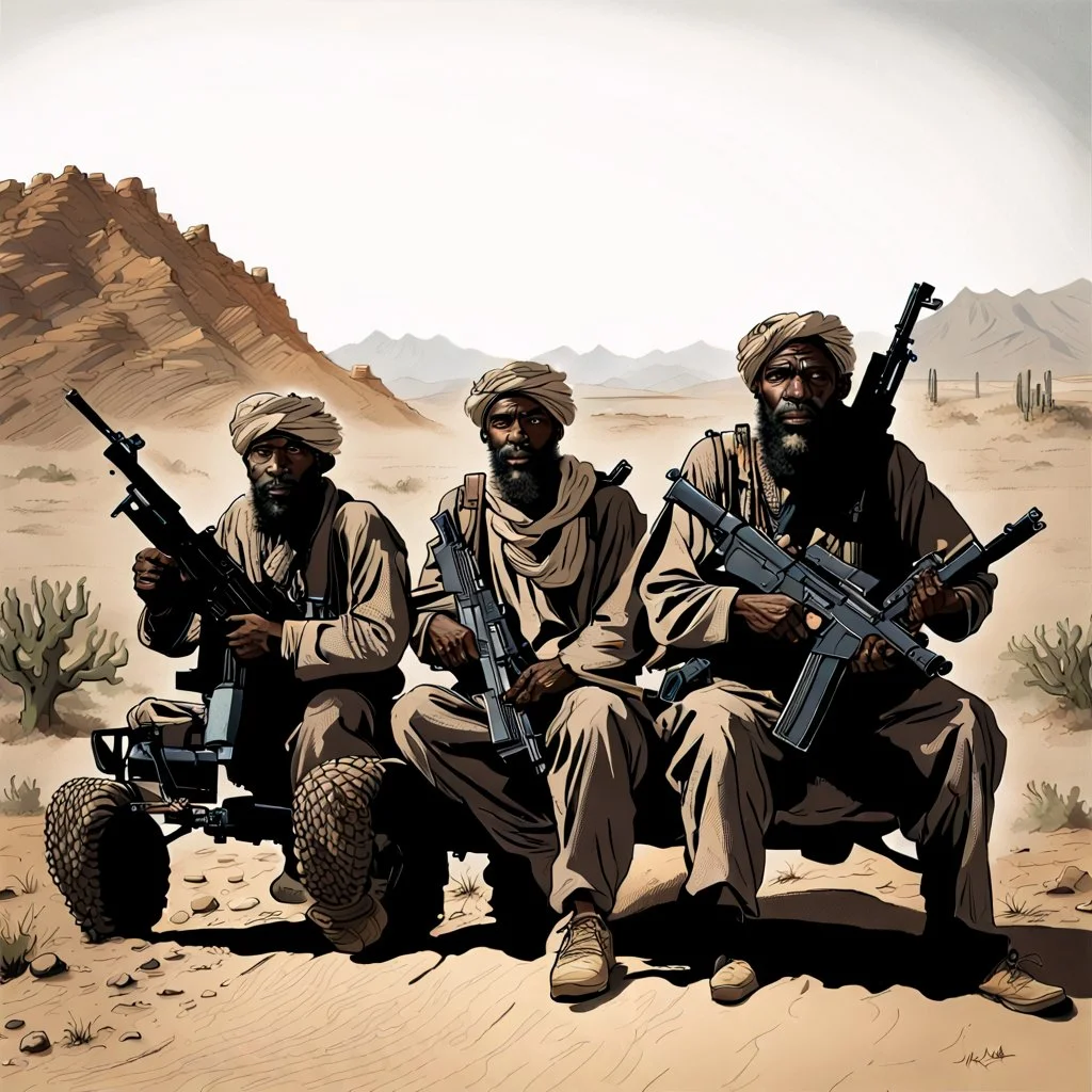make a picture of 3 poor looking black men in a desert. they are in afghanistan. behind them is a raided village they are holding rifles. they look very very dangerous and have long white beards. they have ak47 rifles. They are sitting on an atv driving to the right