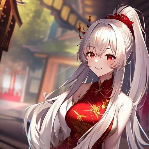 Clear focus, 8k, high quality, detailed, beautiful lighting, girl, vibrant colors, white long hair, vibrant red eyes, messy hair, ponytail, chinese clothes, laughing,