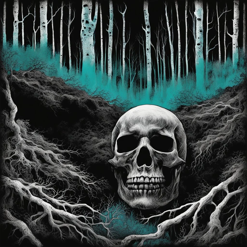 double exposure photography "ghosts in skull! forest!", negative black and white Speedpaint with large brush strokes by Junji Ito, Kelly Freas, M.W. Kaluta, Andreas Lie, epic masterpiece, 16k resolution, trending on artstation, horror, eerie, highly detailed and intricate art, hints of dark cyan and crimson.