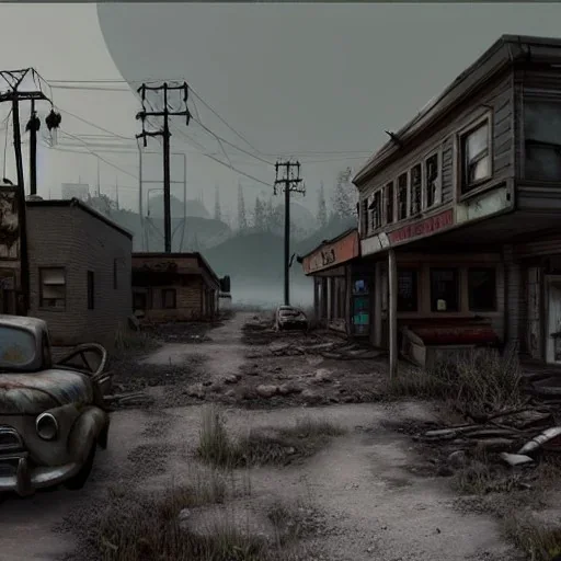 Postapocalyptic small town in hill, hyperrealistic