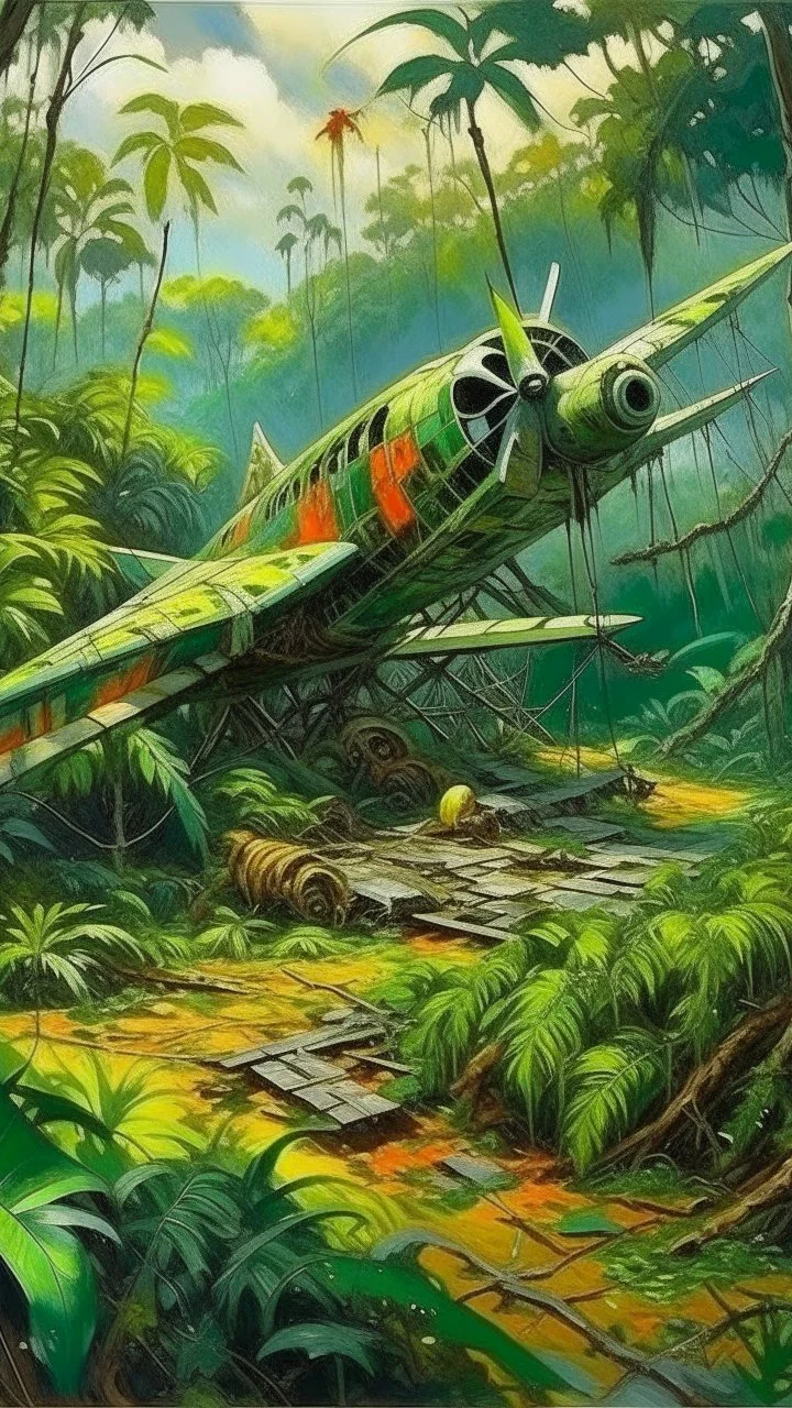 An old airplane crashed in rainforest filled with vipers painted by Claude Monet