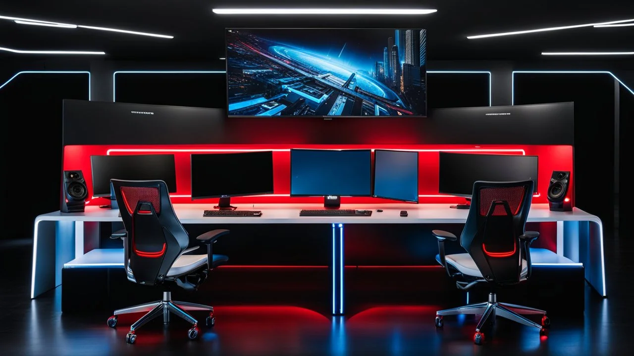 in the foreground there is a huge hd pc monitor on a modern design desk on a black background with a red inscription, text: 23:59, in the background a futuristic studio, blue and white neon lights, some modern black office chairs