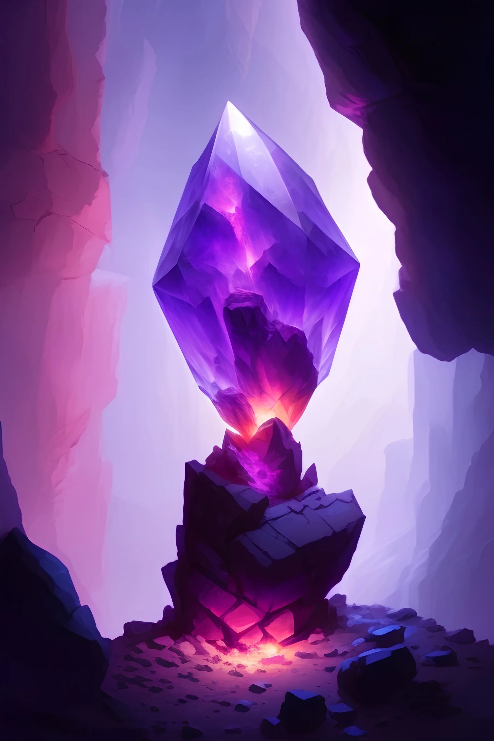 A large glowing purple crystal in the middle of a large cave only lit by the crystal, by Greg Rutkowski