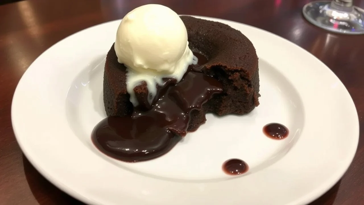 A decadent Molten Lava Cake, oozing with hot molten chocolate from its cracked center, elegantly presented on a plate with a dollop of creamy ice cream perched on top. This sumptuous dessert is depicted in a photograph, capturing the richness of its textures and colors. The luscious chocolate appears almost liquid, while the cake's exterior glistens with a hint of golden crust. The ice cream melts slightly, creating a tantalizing contrast of temperatures. The image exudes a sense of indulgence a