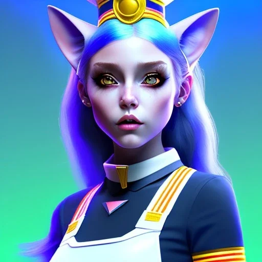 waitress teenager, Caucasian race, cat ears latex headband, rounded face, black short hair, blue makeup, striped shirt, vibrant color, highly detailed, gradient background, concept art, smooth, 16 bit, unreal engine 5, god rays, ray tracing, RTX, lumen lighting, ultra detail, volumetric lighting, 3d, finely drawn, high definition, high resolution.