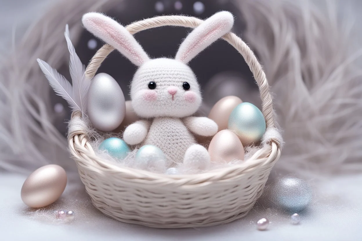 cute chibi plushy fluffy knitted and embroidered natural colored easter bunny in basket, feathers, easter eggs, iridescent flowers incorporated, light emitting, cracked bioluminescent holographic marble background, silver foil, sparkling diamonds, holographic raw pearls, ethereal, cinematic postprocessing