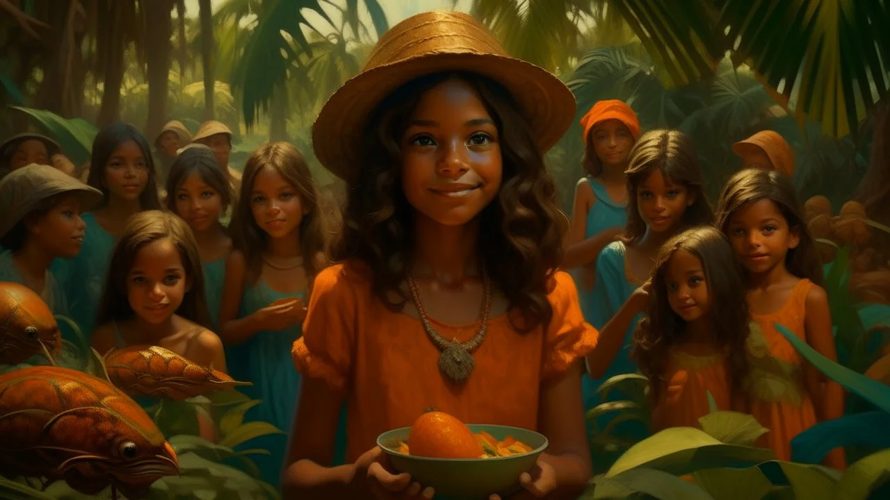 1girl, food, holding, bug, brown hair, smile, long sleeves, tree, multiple girls, bowl, grass, dark skin, shirt, leaf, A detailed oil painting: A woman in an orange dress, adorned with a hat, stands in front of a group of people. The woman is surrounded by a large group of palm trees, with a large black pot in the foreground. The painting is done in black, yellow, and green, with intricate details.