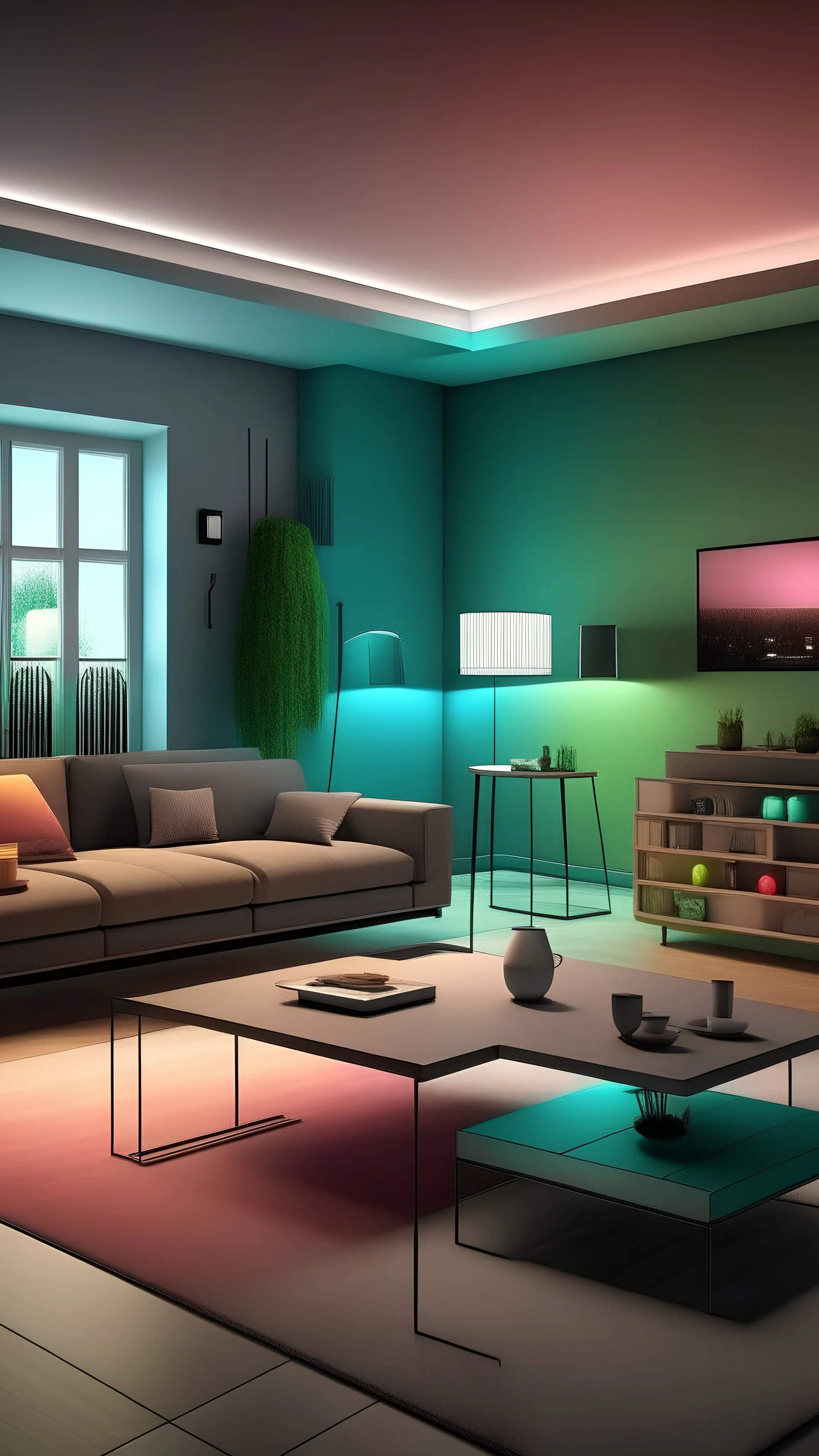 Generate an image depicting a modern living room where the lighting is controlled through a smartphone app, showcasing different lighting scenes and color options.