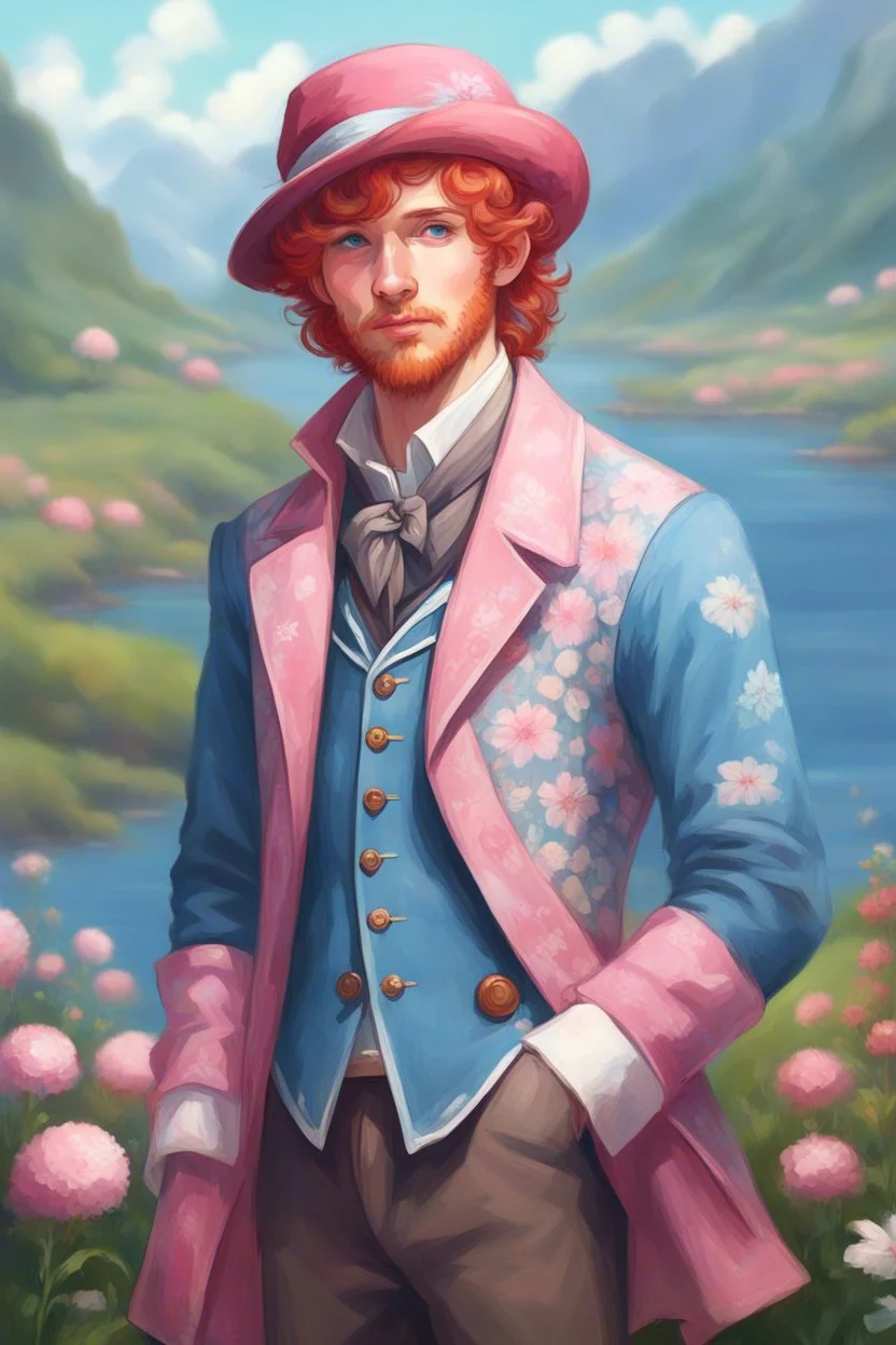 kind young sailor, man, red slightly curly hair, long jacket, pink-azure clothes, pink-azure cocked hat, white floral pattern on the jacket, flower in the hair, stardew, valley style