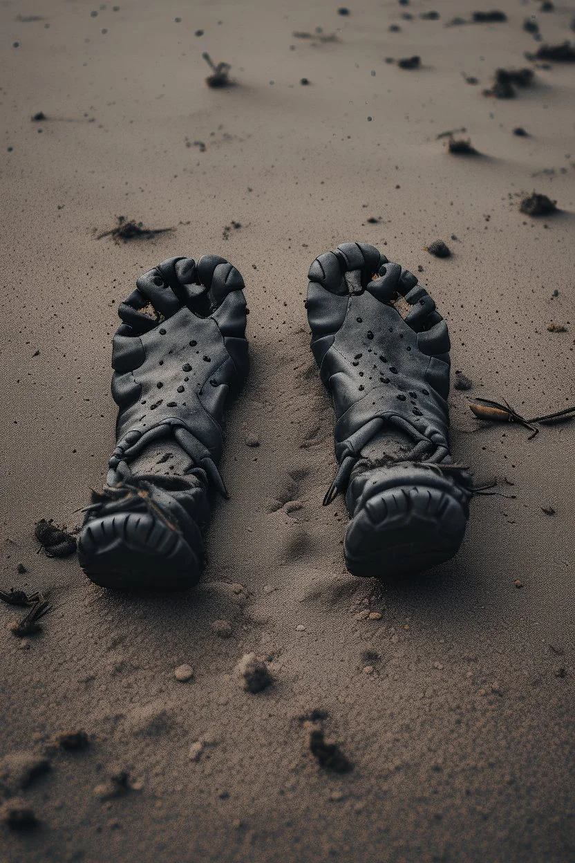 A toes looks dirty filled on the grey , Sands and dirt on a sands ground, view from the top, on it a black scorpion